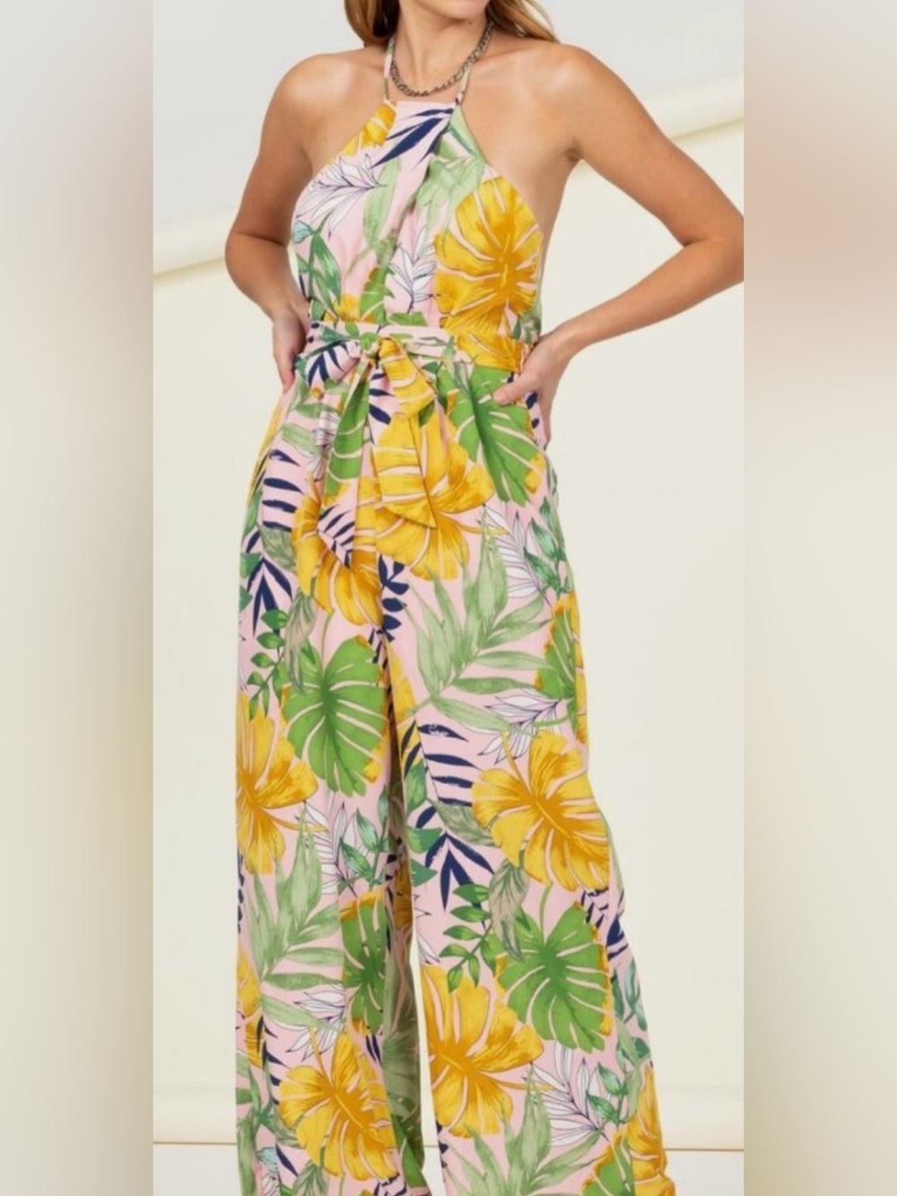 Boutique Halter Tropical Print Wide Leg Vacation Jumpsuit Women's Size Large